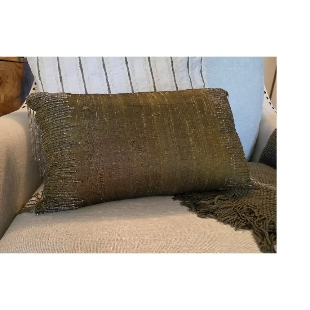 CBK Silk Green Satung Beaded Decorative Pillow Luxury Glam Holllywood Regency